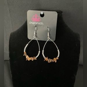 Silver hook earrings with brown stones.